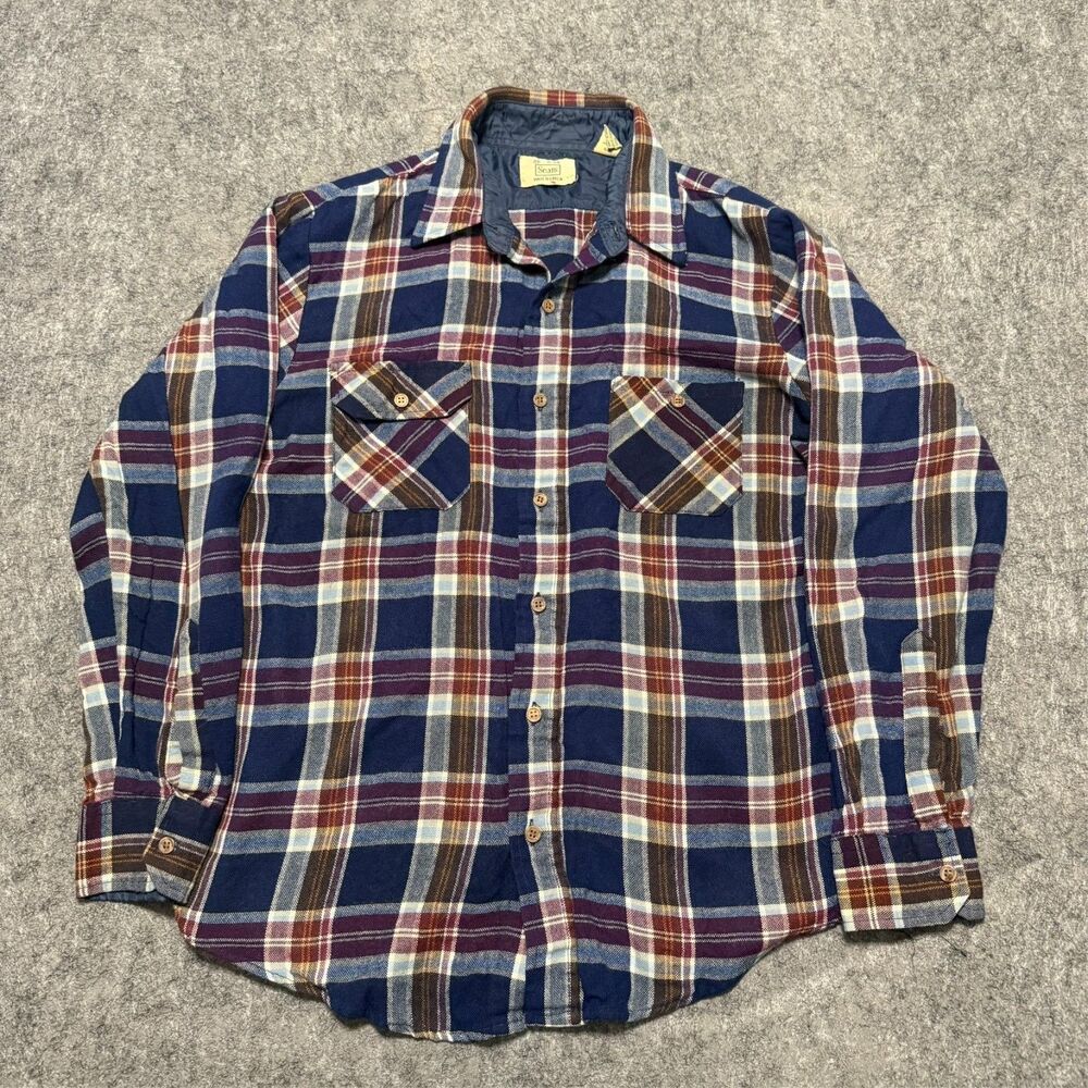 Vintage 60s 70s Sears Flannel Shirt Size M Brown Acrylic Hombre Rockabilly